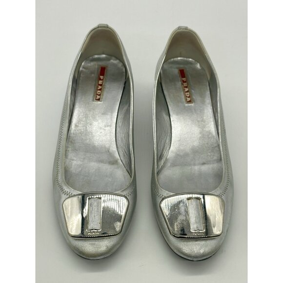 PRADA women’s shoes Silver sz 7.5 EU 38 leather Block Heels Pumps Casual Career - Picture 4 of 6